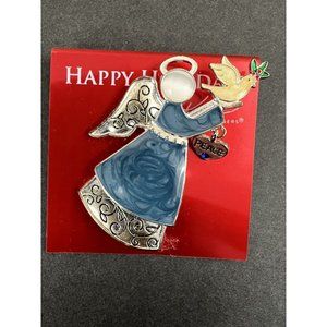 NWT Vtg Christmas Peace Angel Brooch‎ Pin Blue Enamel Cabochon Dove Kim Rogers
